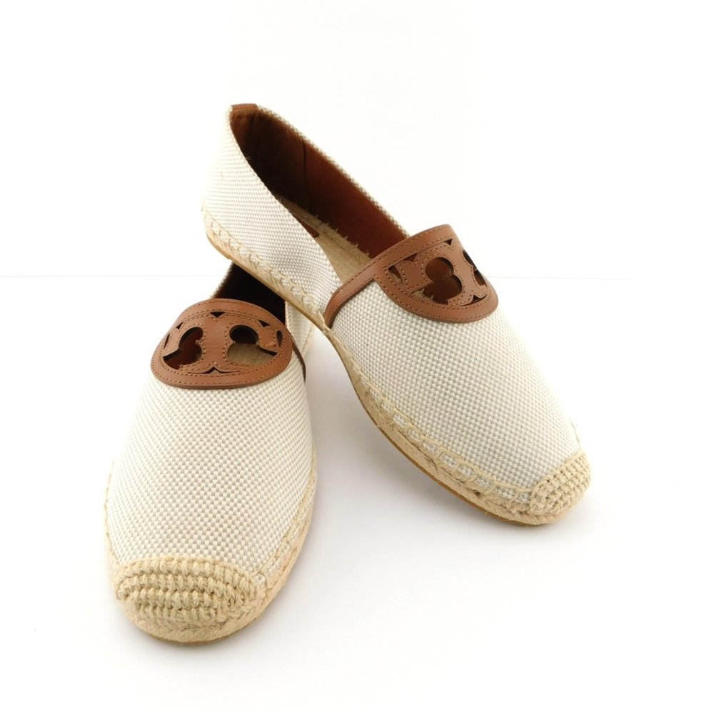 New TORY BURCH Natural Beige Tan Canvas Logo Slip-on Flat Espadrilles 9.5